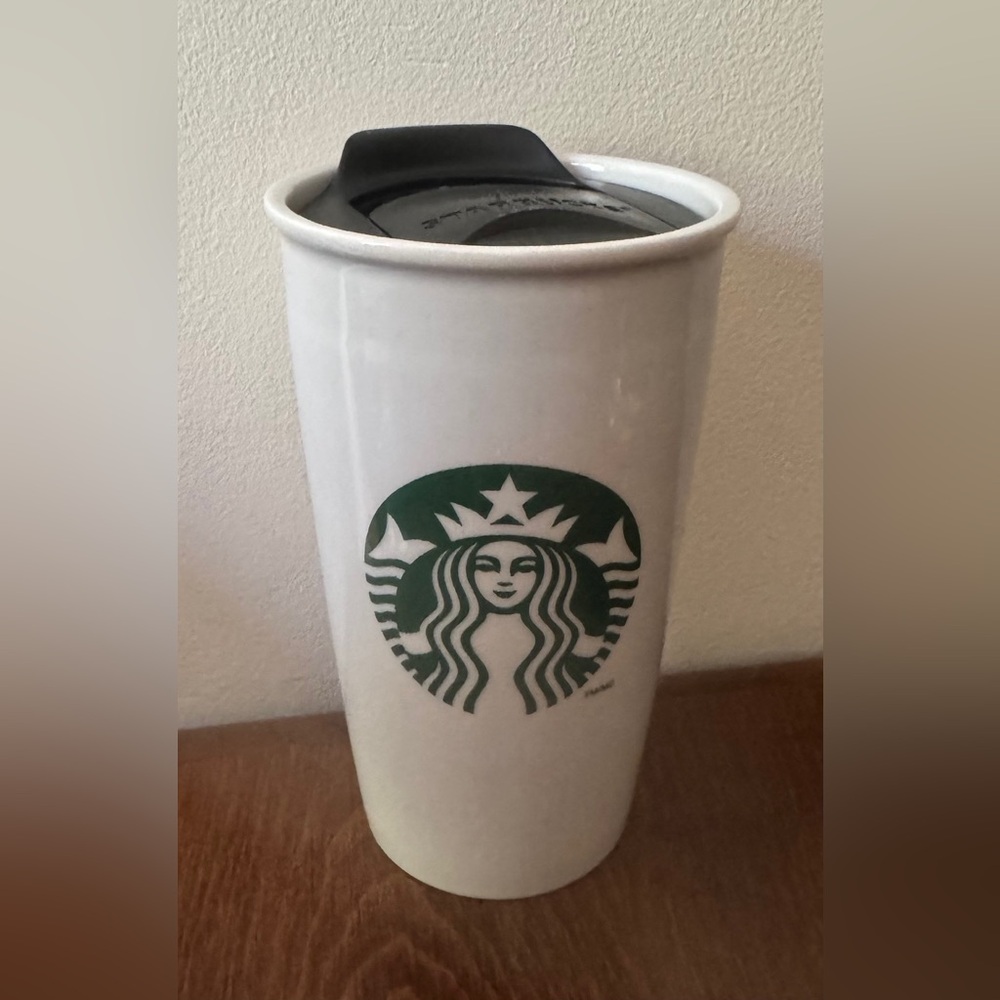 STARBUCKS Mermaid Tumbler Travel Mug 12 Oz Ceramic 2011 Coffee White Logo w/ Lid